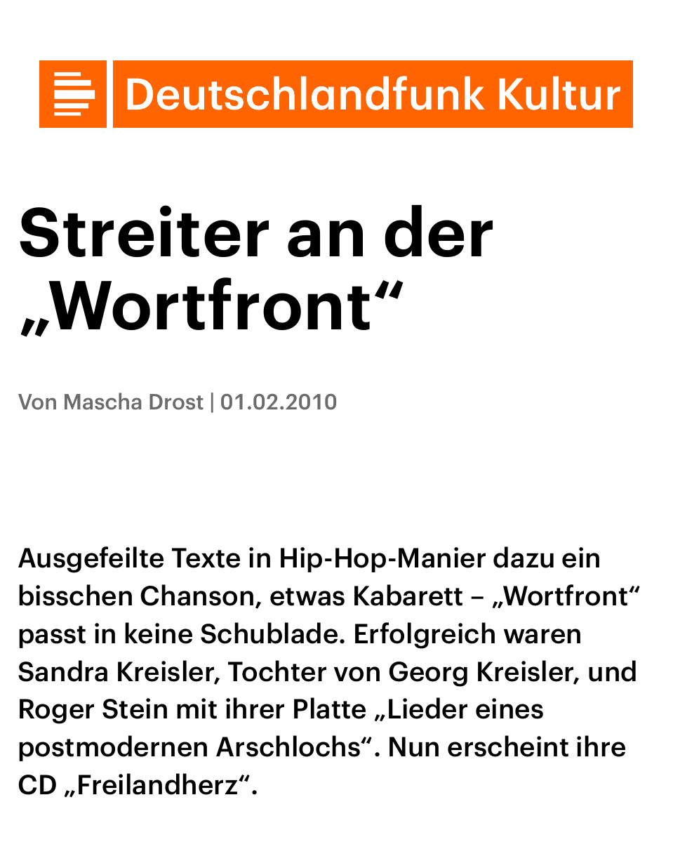 Ausschnitt des Artikels „Streiter an der ‚Wortfront‘“ von Mascha Drost mit dem Logo von Deutschlandfunk Kultur