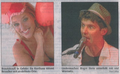 Zwei Fotos nebeneinander: links Sia Korthaus mit roter Badekappe und Luftballons, rechts Roger Stein mit Hut am Mikrofon