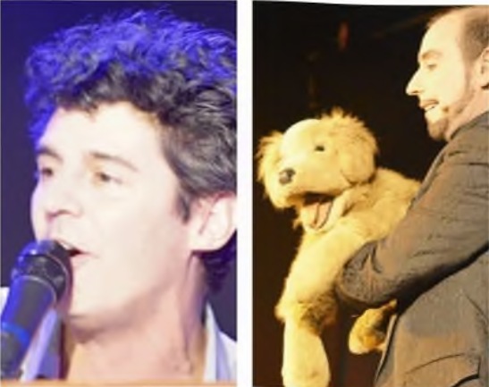 Zwei Fotos nebeneinander: links Roger Stein singt ins Mikrofon, rechts Marcelini mit seiner Bauchrednerpuppe Hund Oskar